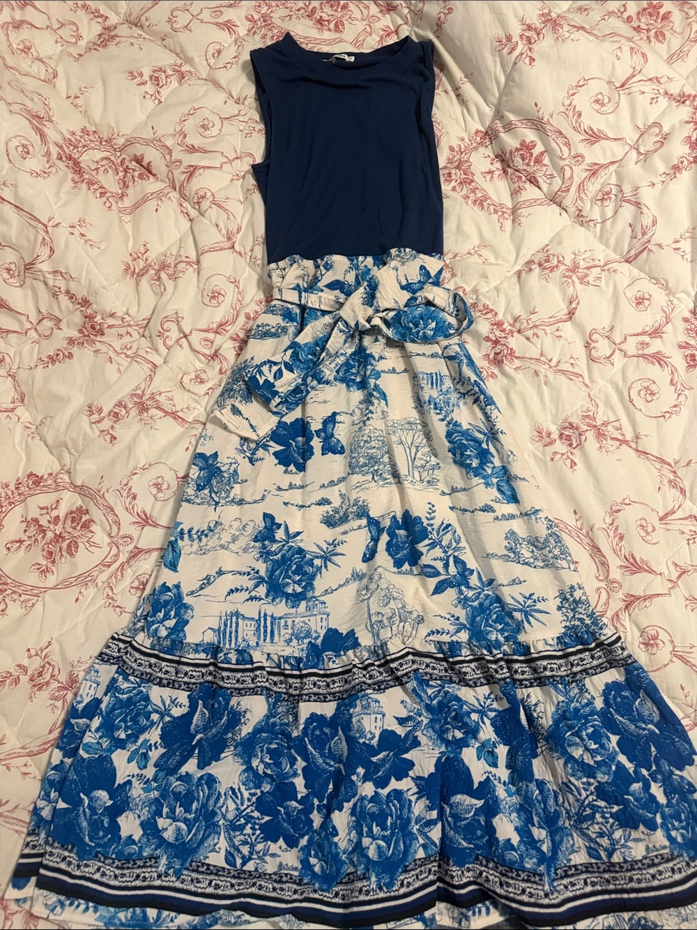 Blue & White Floral Tie-Waist Maxi Skirt